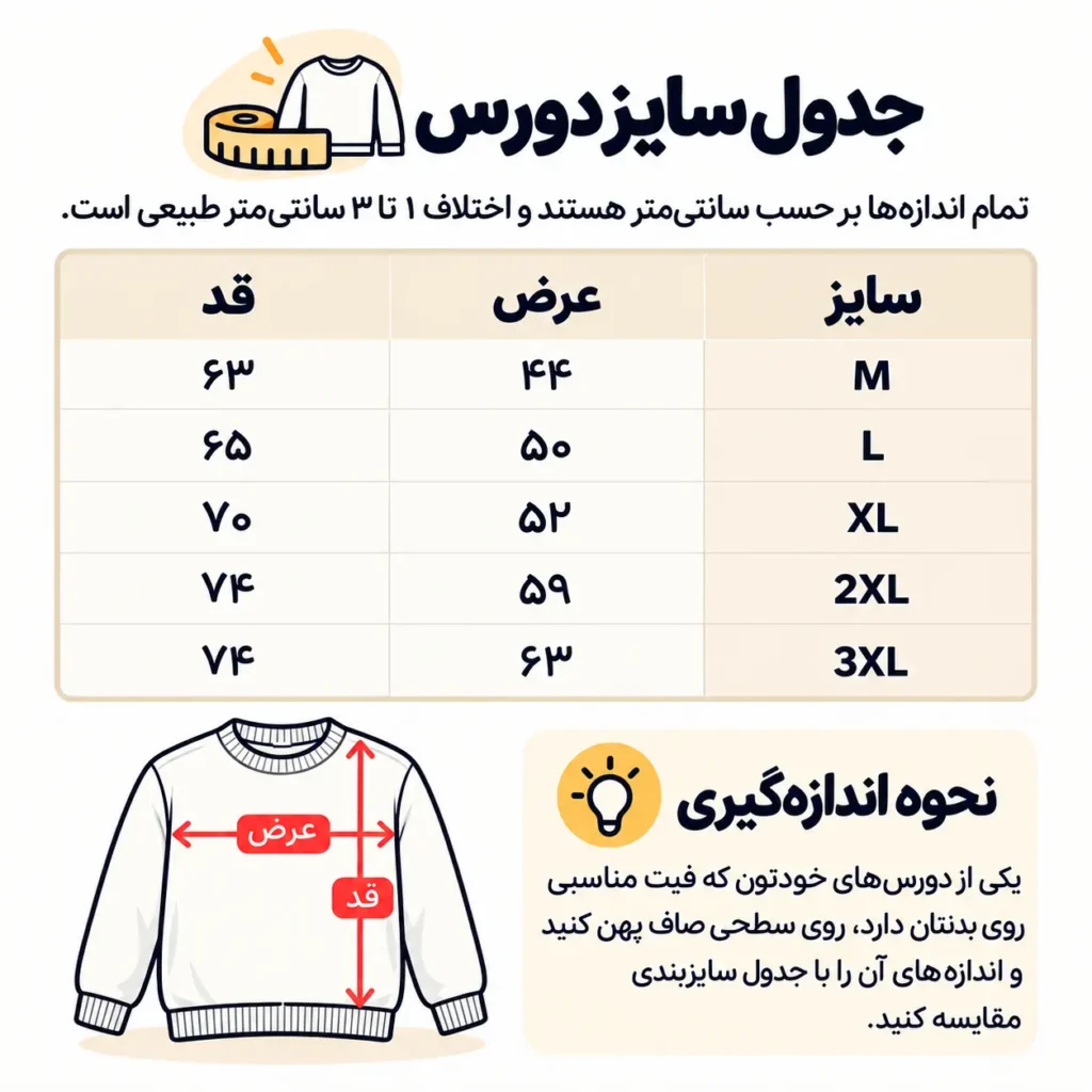 جدول سایزبندی دورس