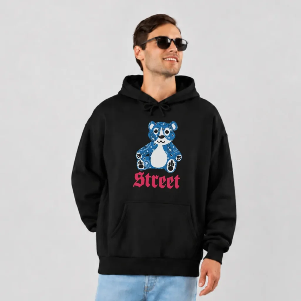 هودی خرس آبی طرح گل‌دار و نوشته Street کد 637