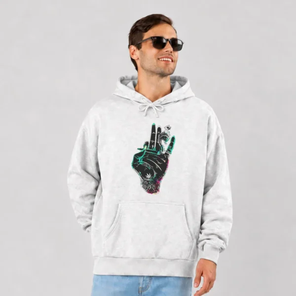 هودی دست با علامت صلح و برگ ماری‌جوانا طرح نئونی