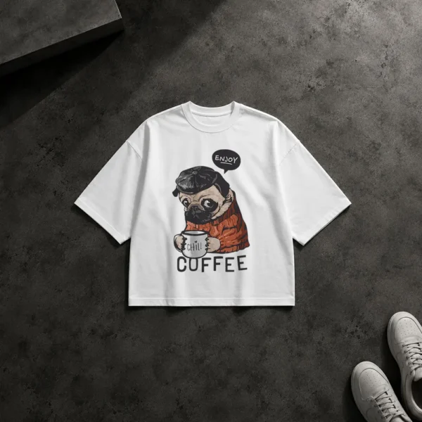 تیشرت باکسی سگ قهوه‌خور طرح Chill Coffee کد 10070