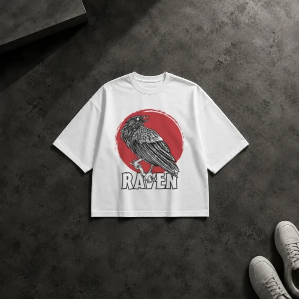تیشرت باکسی کلاغ طرح Raven و خورشید قرمز کد 10106