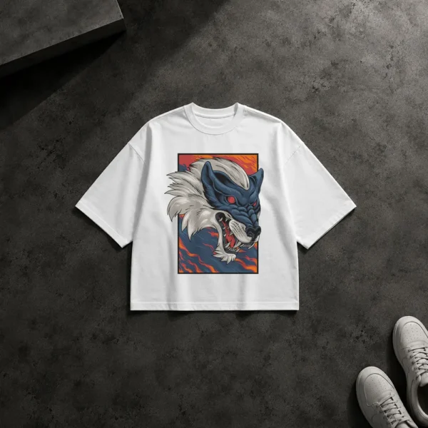 تیشرت باکسی گرگ طرح خشمگین رنگارنگ کد 10196