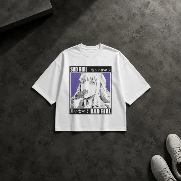 تیشرت باکسی انیمه طرح دختر غمگین (Sad Girl) کد 10940