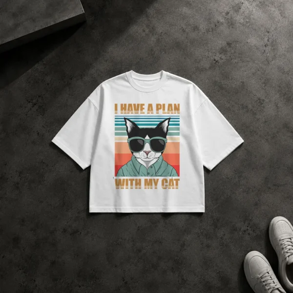 تیشرت باکسی گربه طرح عینک آفتابی I Have a Plan With My Cat کد 11290
