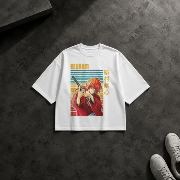 تیشرت باکسی انیمه روروونی کنشین طرح خطوط رنگی (Kenshin) کد 11357