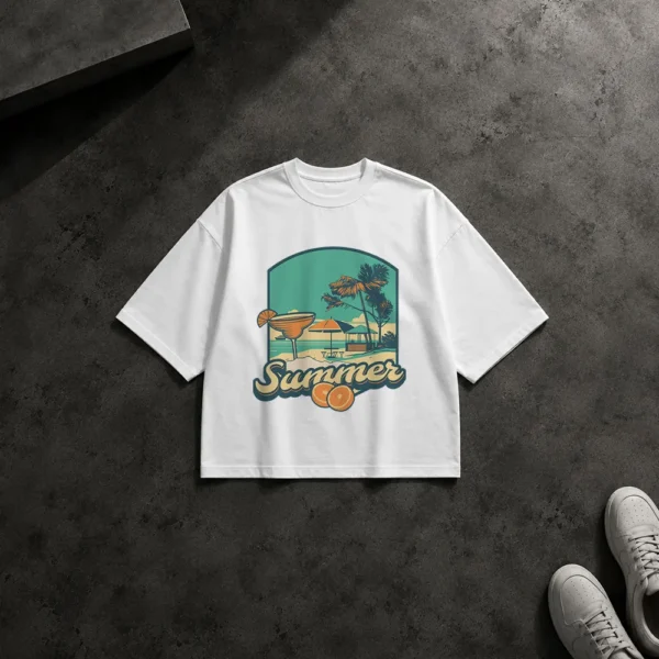 تیشرت باکسی تابستانی طرح ساحل و نوشیدنی (Summer)