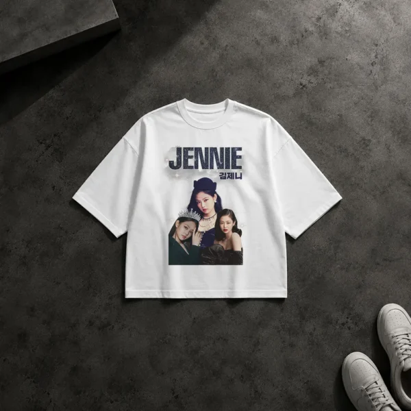 تیشرت باکسی بلک پینک طرح جنی و کلاژ پرتره (Jennie) کد 12120