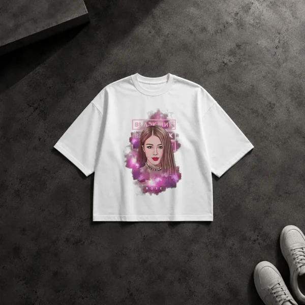 تیشرت باکسی بلک پینک طرح پرتره رزی (Rosé) کد 12127