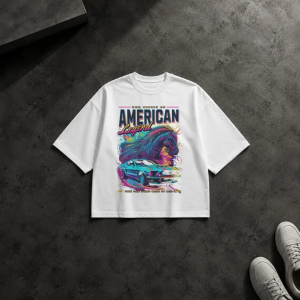 تیشرت باکسی خودرو طرح اسب و ماشین کلاسیک American Legend کد 12385