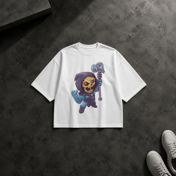 تیشرت باکسی اسکلتور طرح جادوگر کارتونی با عصا (Skeletor)