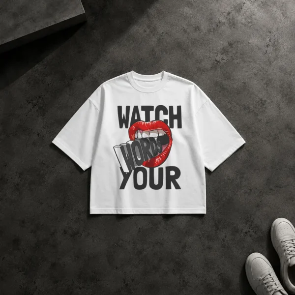تیشرت باکسی طرح لب و Watch Your Words کد 14958