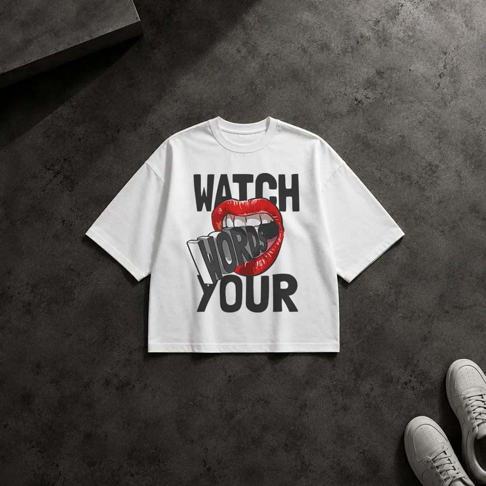 تیشرت باکسی طرح لب و Watch Your Words کد 14958