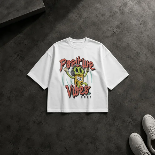 تیشرت باکسی طرح کاراکتر هدفون‌دار Positive Vibes Only کد 15278