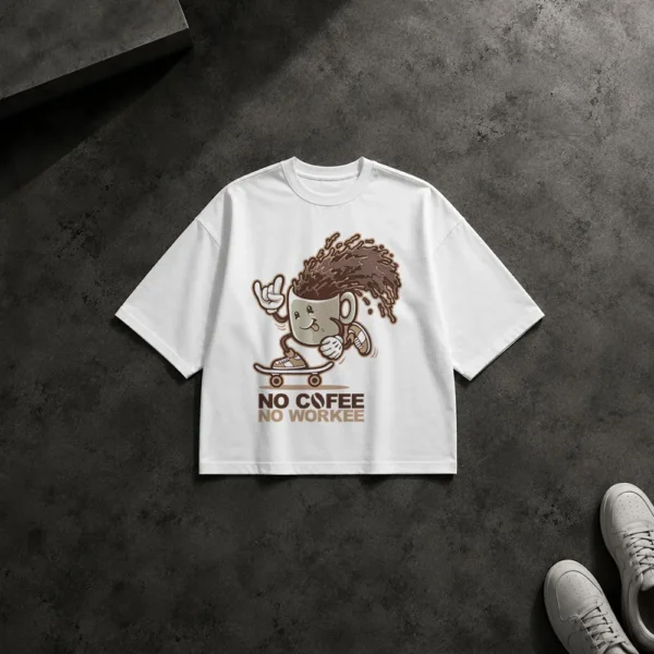 تیشرت باکسی قهوه طرح اسکیت‌بورد No Coffee No Workee کد 15804