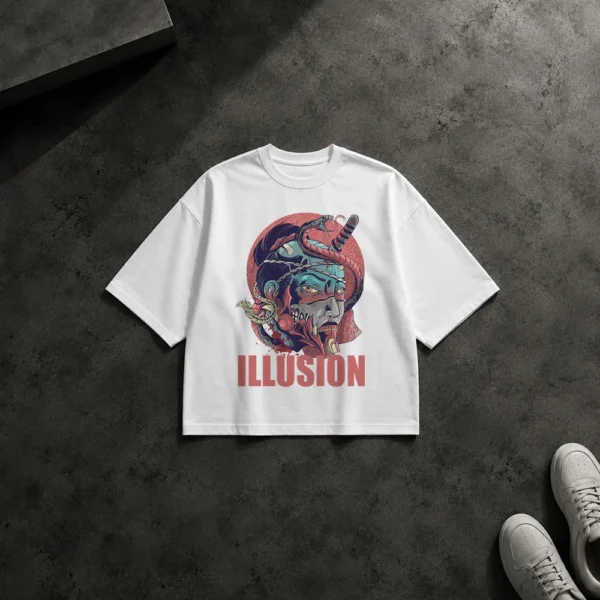 تیشرت باکسی سامورایی با ماسک و مار طرح Illusion کد 1632