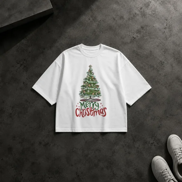 تیشرت باکسی کریسمس طرح درخت و نوشته Merry Christmas