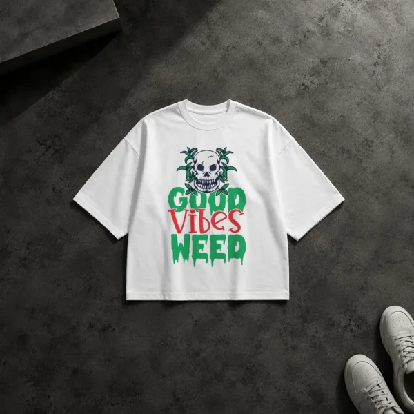 تیشرت باکسی جمجمه طرح برگ ماری‌جوانا Good Vibes Weed کد 19893