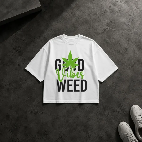تیشرت باکسی طرح تایپوگرافی Good Vibes Weed با برگ سبز کد 19904