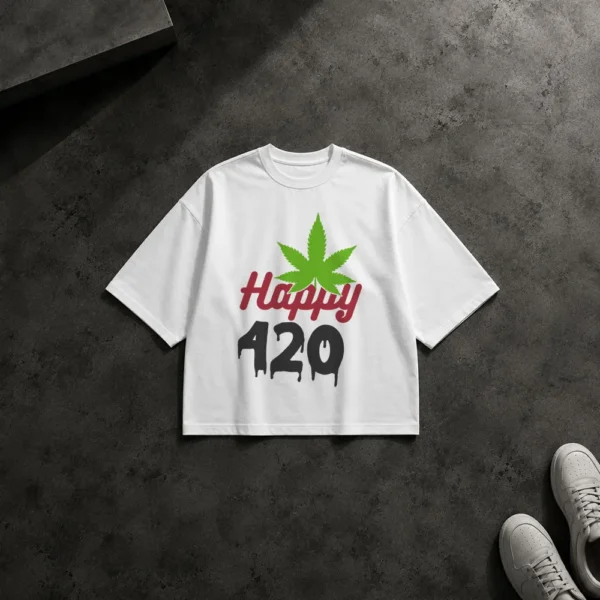 تیشرت باکسی ماری‌جوانا طرح تایپوگرافی Happy 420 کد 21143