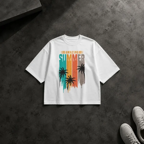 تیشرت باکسی تابستانی طرح نخل و نوشته Amazing Summer کد 21779