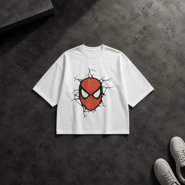 تیشرت باکسی مرد عنکبوتی طرح ماسک ترک‌خورده (Spider-Man)