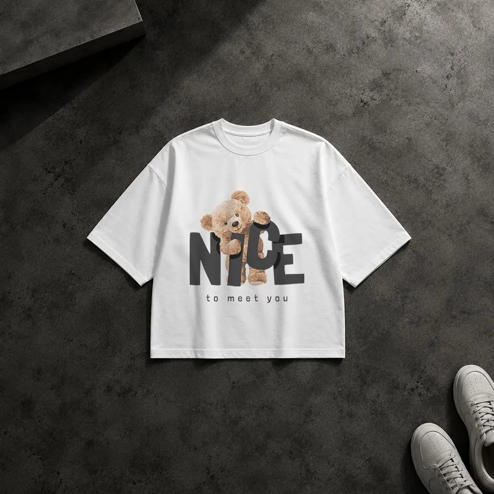 تیشرت باکسی خرس طرح Nice to Meet You کد 3629