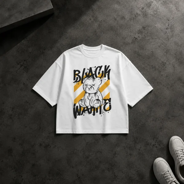تیشرت باکسی خرس عروسکی بخیه‌دار طرح Black و Waiting