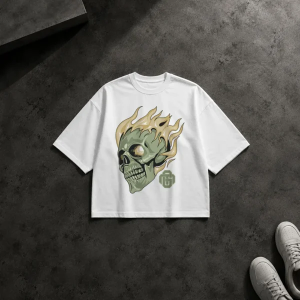 تیشرت باکسی جمجمه شعله‌ور طرح دارک و خیابانی کد 5381