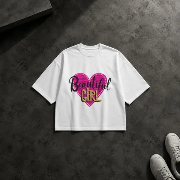 تیشرت باکسی دخترانه طرح Beautiful Girl و قلب صورتی کد 6065