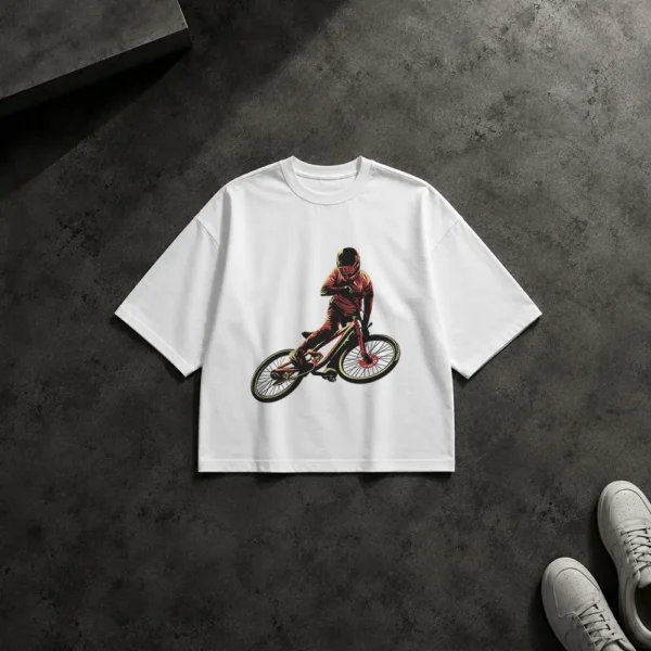 تیشرت باکسی دوچرخه‌سواری BMX طرح پرش نمایشی