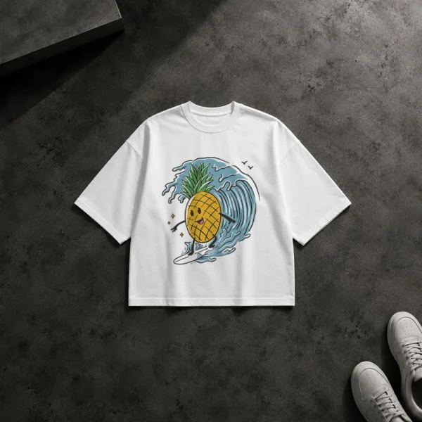 تیشرت باکسی آناناس موج‌سوار طرح کارتونی تابستانی کد 6080
