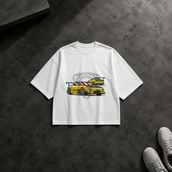 تیشرت باکسی مزدا RX-7 زرد طرح نمای جلو و عقب