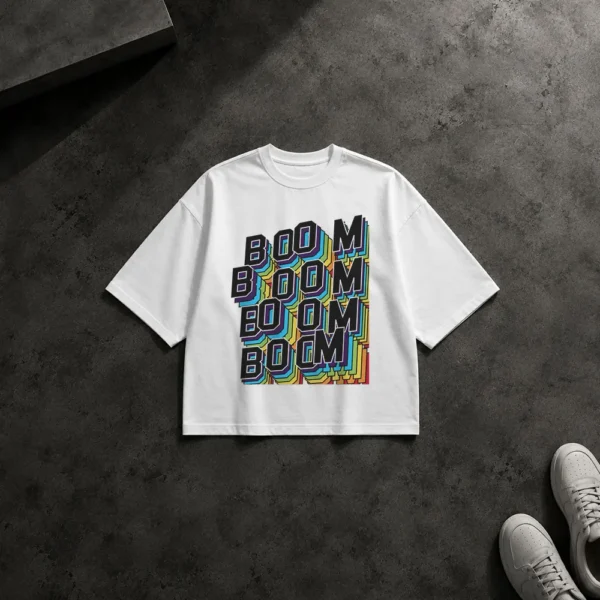تیشرت باکسی تایپوگرافی رنگی Boom Boom Boom کد 8011