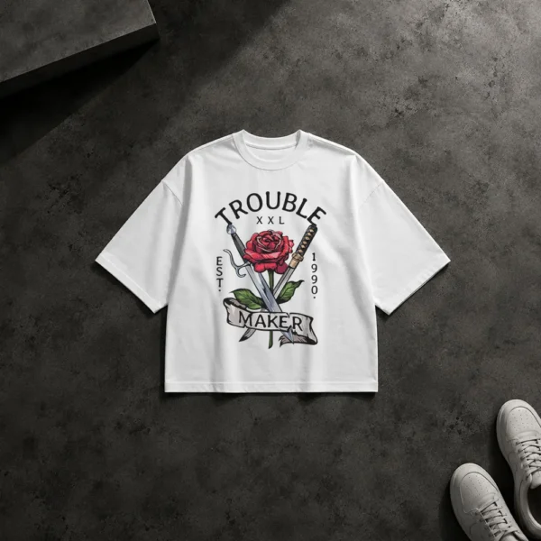 تیشرت باکسی گل رز و چاقو طرح Trouble Maker کد 8313