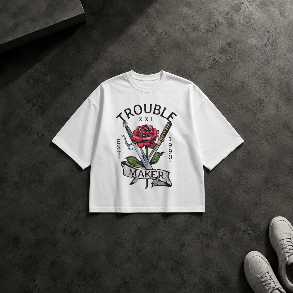 تیشرت باکسی گل رز و چاقو طرح Trouble Maker کد 8313