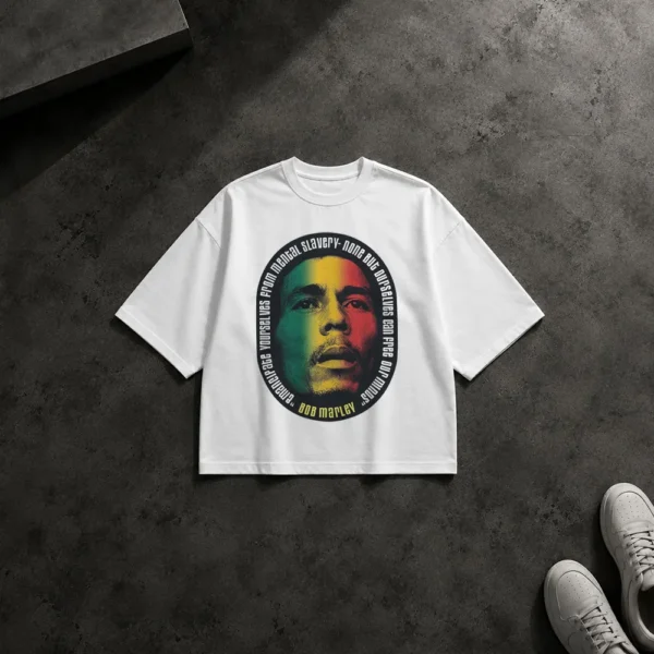 تیشرت باکسی باب مارلی طرح پرتره رنگی و متن آهنگ (Bob Marley)