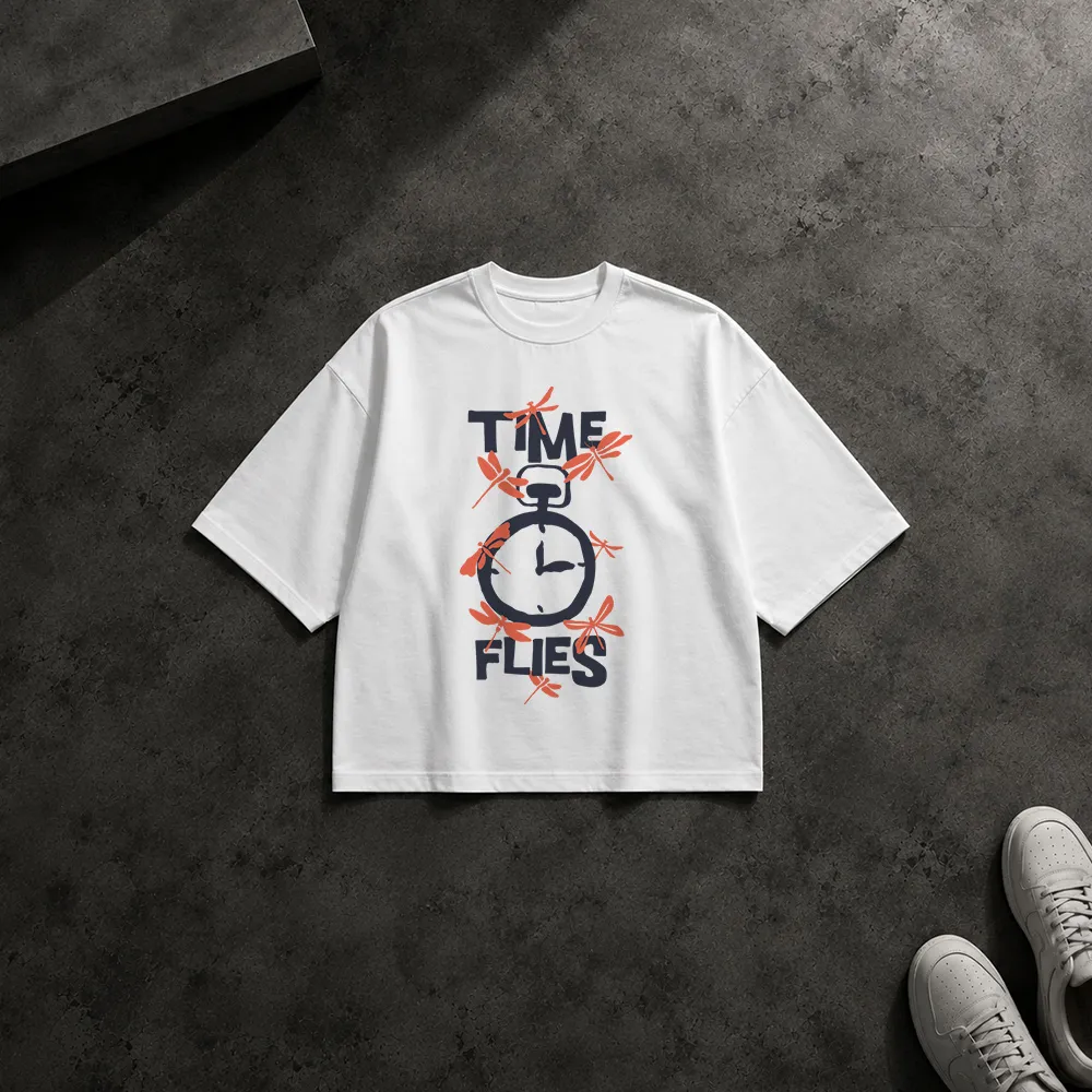 تیشرت باکسی تایپوگرافی Time Flies طرح ساعت کد 9059