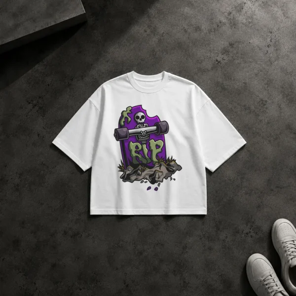 تیشرت باکسی سنگ قبر طرح اسکیت‌برد و جمجمه RIP کد 9290
