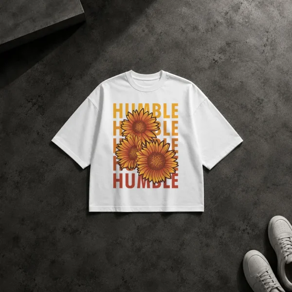 تیشرت باکسی انگیزشی طرح گل آفتابگردان و جمله Humble
