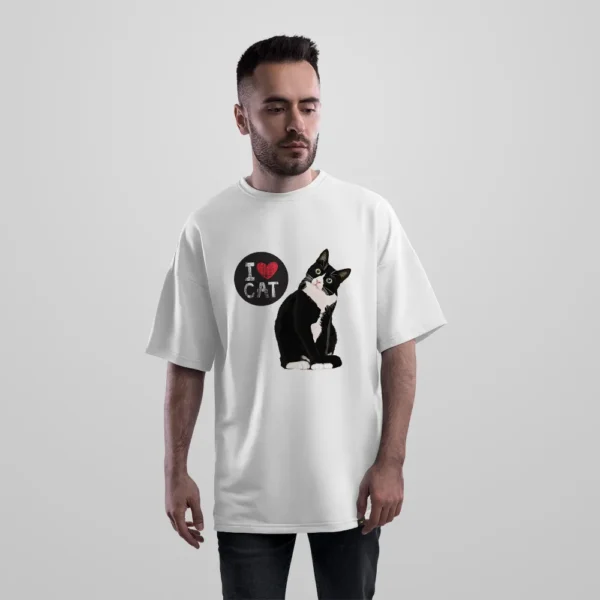 تیشرت اورسایز گربه طرح I Love Cat کد 10630