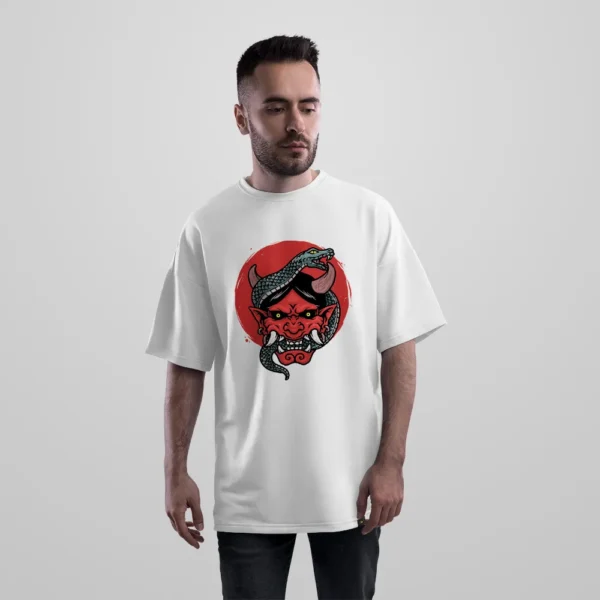 تیشرت اورسایز مار طرح ماسک اهریمنی (Oni Snake) کد 15436
