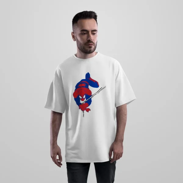 تیشرت اورسایز مرد عنکبوتی طرح آویزان از تار (Spider-Man) کد 3876
