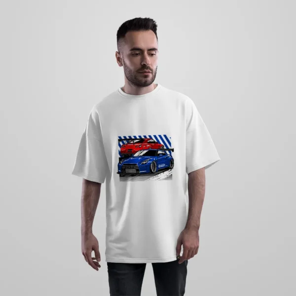 تیشرت اورسایز نیسان GT-R آبی و قرمز طرح کلاژ خودرو