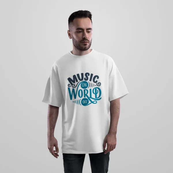 تیشرت اورسایز موسیقی طرح Music On World Off کد 8215