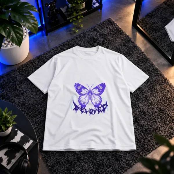 تیشرت طرح پروانه Beloved بنفش کد 13947