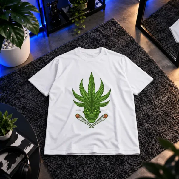 تیشرت طرح جمجمه و برگ شاهدانه کد 14077