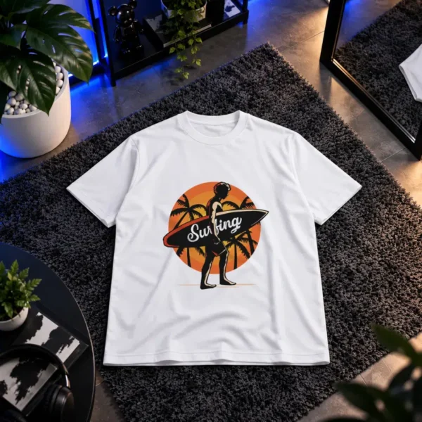 تیشرت طرح دختر موج‌سوار غروب آفتاب Surfing