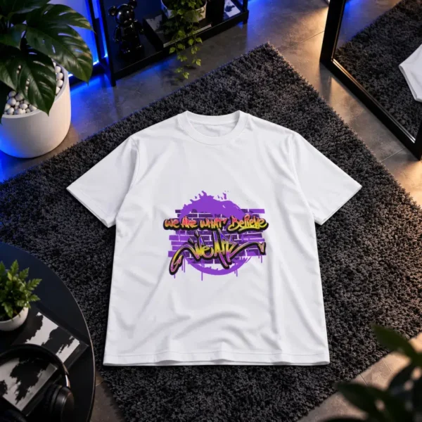 تیشرت گرافیتی طرح We Are What We Believe بنفش کد 19936
