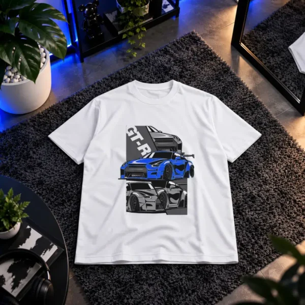 تیشرت نیسان GT-R آبی طرح نمای جلو و عقب