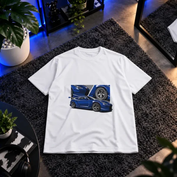 تیشرت نیسان GT-R آبی طرح نمای جانبی و جزئیات خودرو